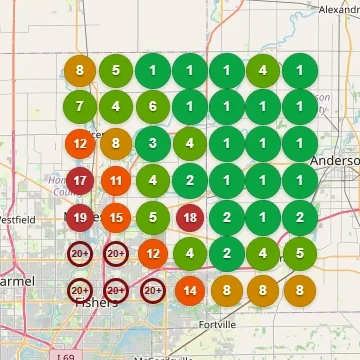 After: local ranking grid. 43% of the area ranks in Google's top 3; 5 of 49 cells not ranking in the top 20.