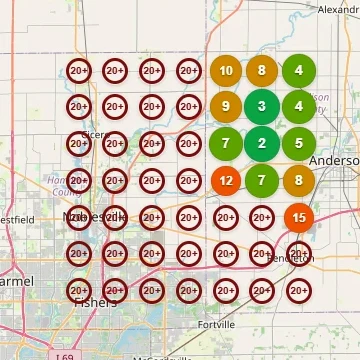 Before: local ranking grid. 4% of the area ranks in Google's top 3; 36 of 49 cells not ranking in the top 20.