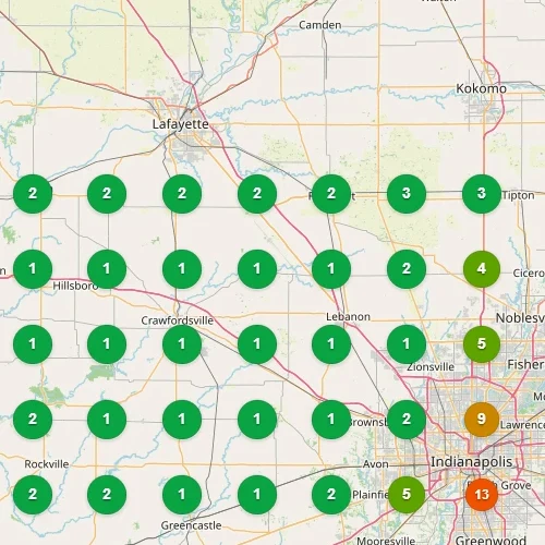 After: local ranking grid. 67% of the area ranks in Google's top 3; 0 of 49 cells not ranking in the top 20.