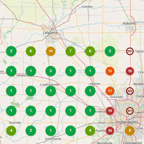 Before: local ranking grid. 45% of the area ranks in Google's top 3; 6 of 49 cells not ranking in the top 20.