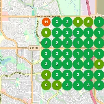 After: local ranking grid. 82% of the area ranks in Google's top 3; 0 of 49 cells not ranking in the top 20.