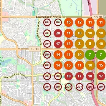 Before: local ranking grid. 0% of the area ranks in Google's top 3; 15 of 49 cells not ranking in the top 20.