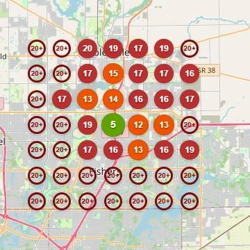 Before: local ranking grid. 0% of the area ranks in Google's top 3; 25 of 49 cells not ranking in the top 20.